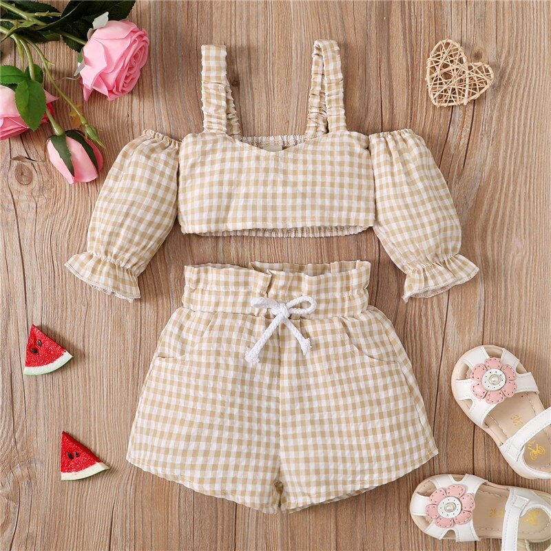 الصورة المصغرة: 1-4 Years Toddler Girls Two-Piece Outfits Plaid Hollowed Shoulder Crop Tops + E
