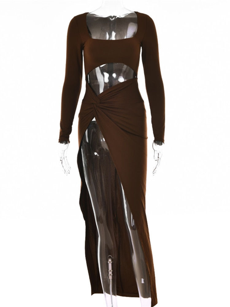 Thumbnail: Mozision Sexy Hollow Out High Split Maxi Dress For Women Robe 2022 Autumn Full 