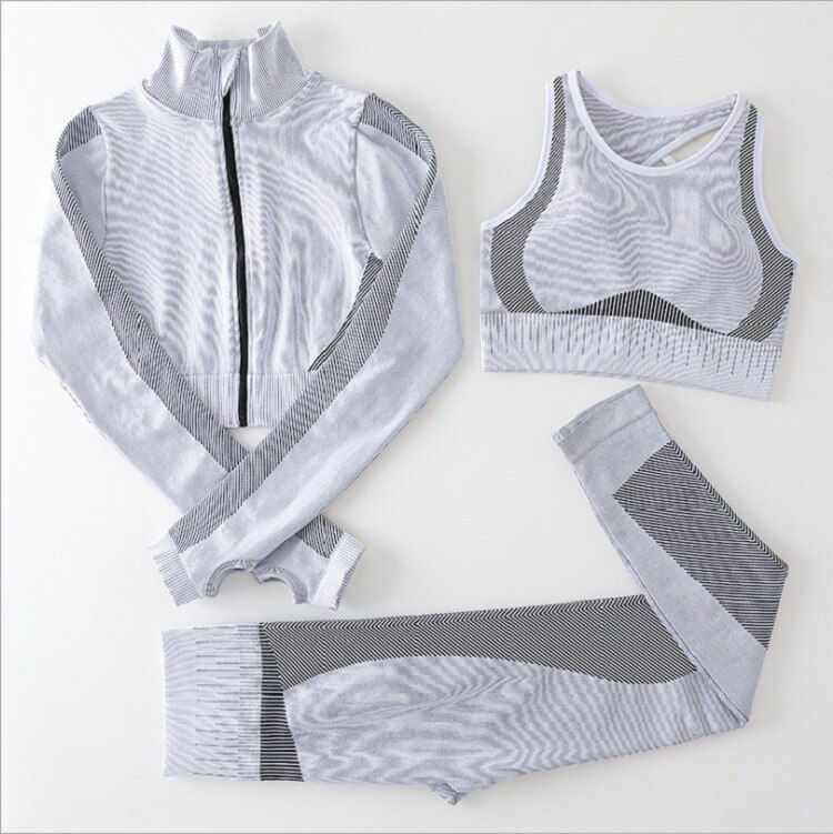 Thumbnail: Women's Autumn Winter Seamless Fitness Wear Zipper Shirt Sports Bra Gym High Wa