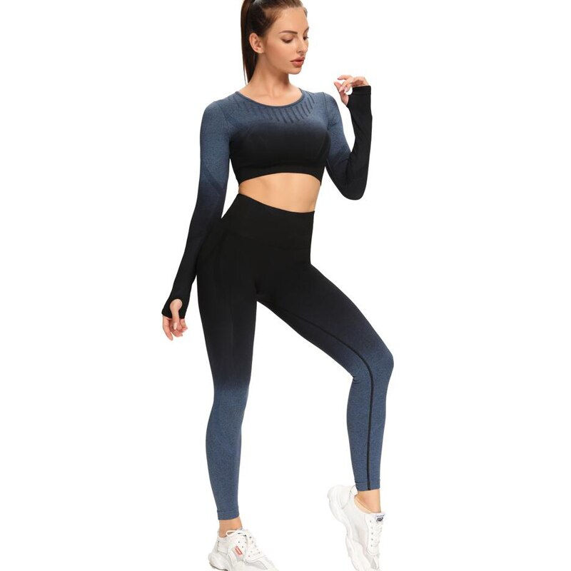 Thumbnail: Winter New Gradient Color Fitness Wear Gym Sports Bra Leggings Set Women's Tigh