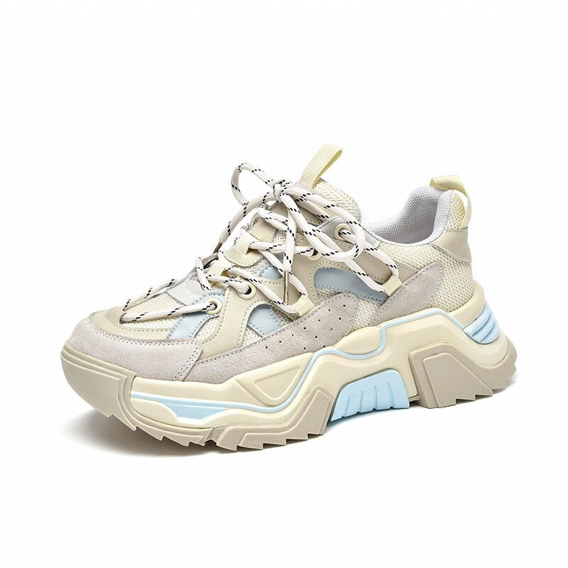 الصورة المصغرة: BeauToday Chunky Sneakers Women Synthetic Leather Mesh Mixed Colors Lace-Up Pla
