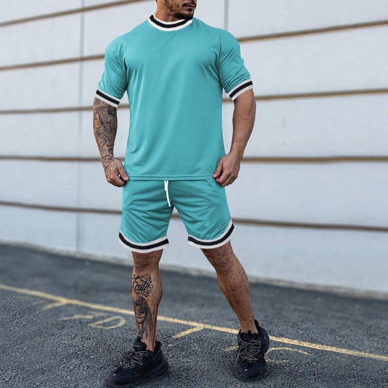 Thumbnail: Summer Men's New Solid Color Round Neck Top Shorts Suit Male Fashion Sports T-s