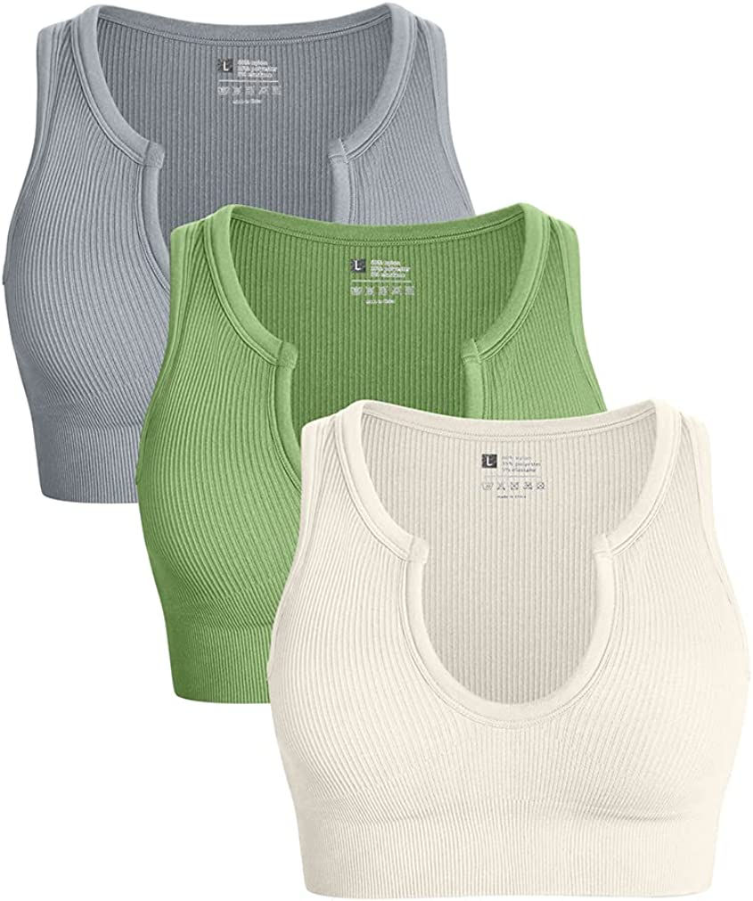 Thumbnail: OQQ Women's 3 Piece Medium Support Crop Top Seamless Ribbed Removable Cups Work
