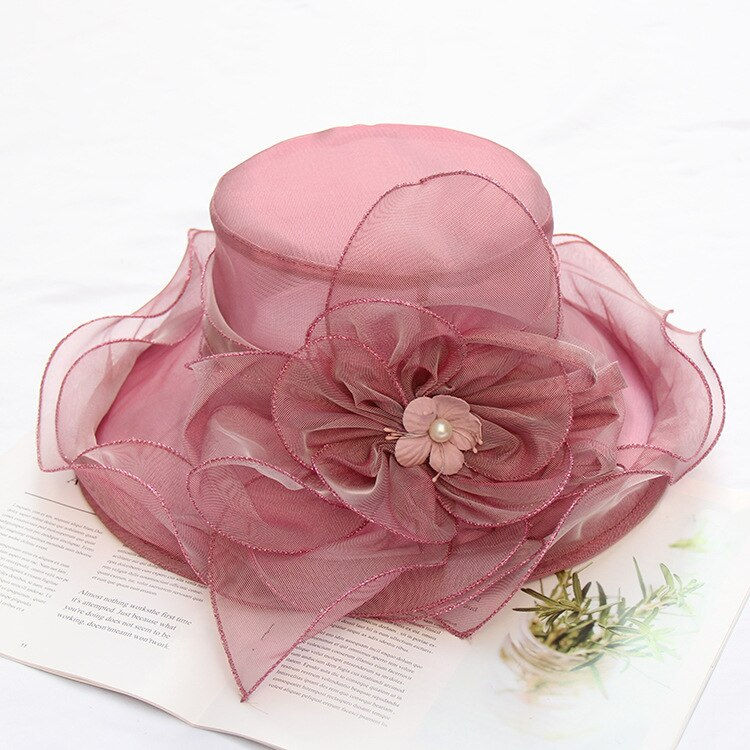Thumbnail: New Women Elegant Summer Organza Hat Bow Flower Sun Hat Wide Brim Fascinator We