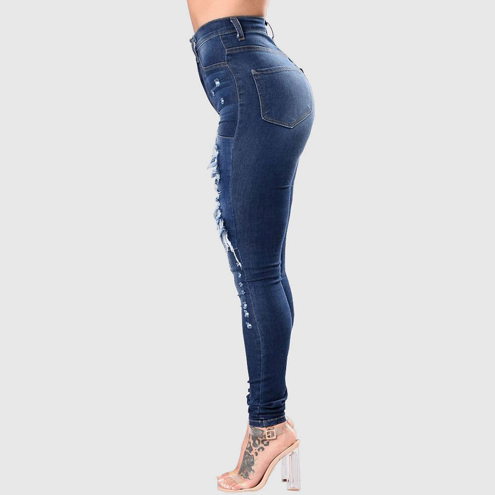 Thumbnail: New Women's High Waist Ripped Jeans Fashion Elastic Slim Hip Lift Denim Pencil 