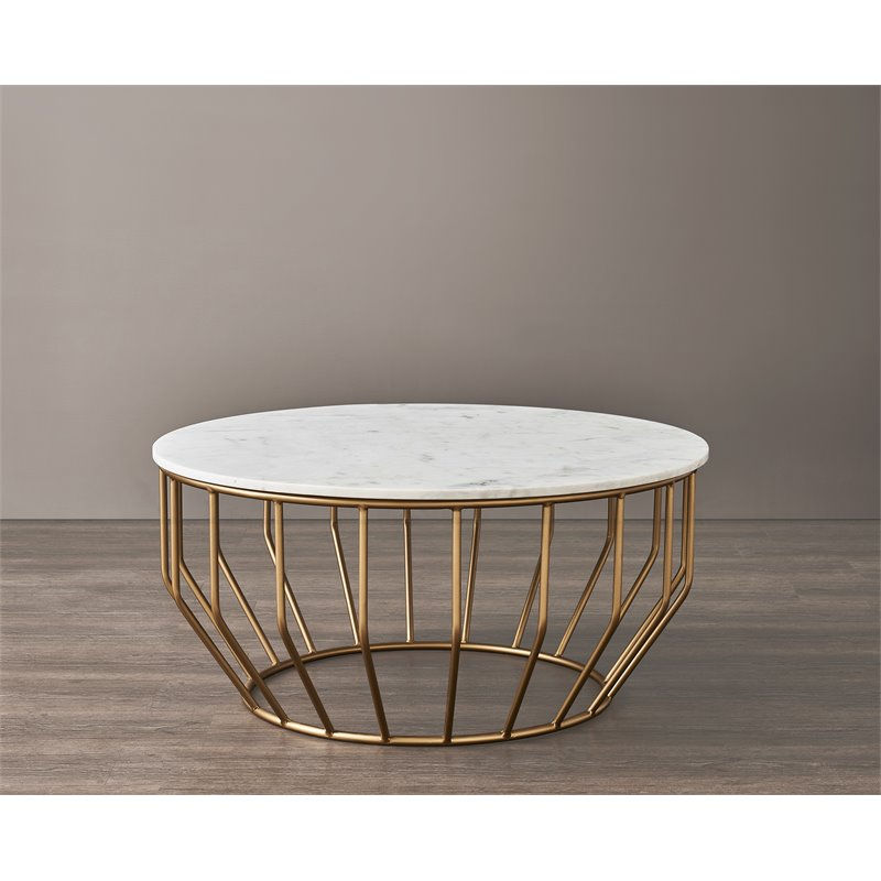 Miniaturbild: Mod-Arte Modern Iron Metal Coffee Table with Marble Top in White/Gold Leaf