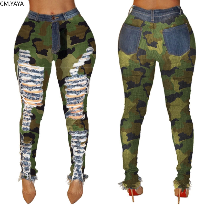 Thumbnail: Autumn Winter Female Denim Pants Women Skinny Hole Spliced Camouflage Print Jea
