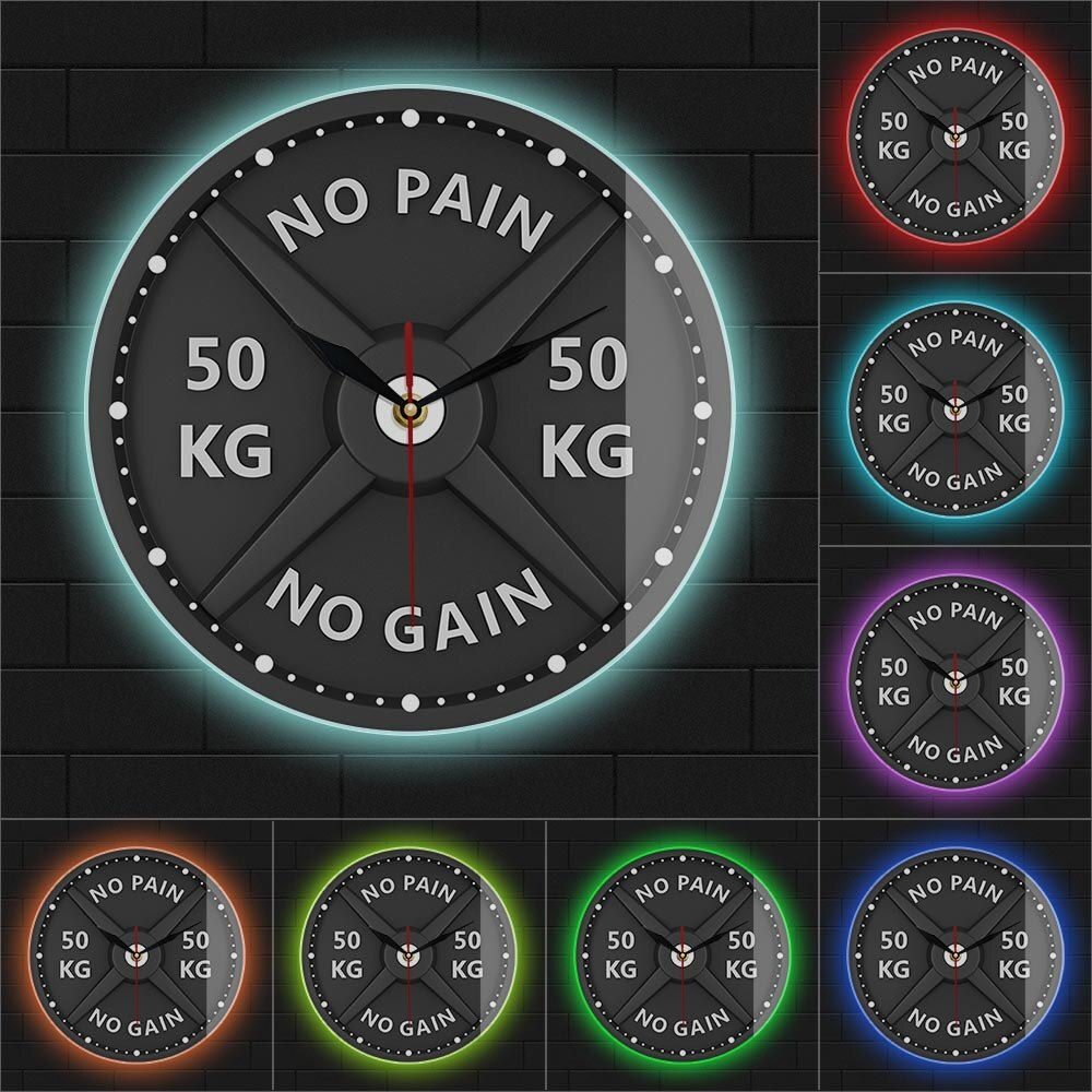 NO PAIN NO GAIN Dumbbell Mini Camera Wall Clock For Gym Decor 50KG Barbell Body