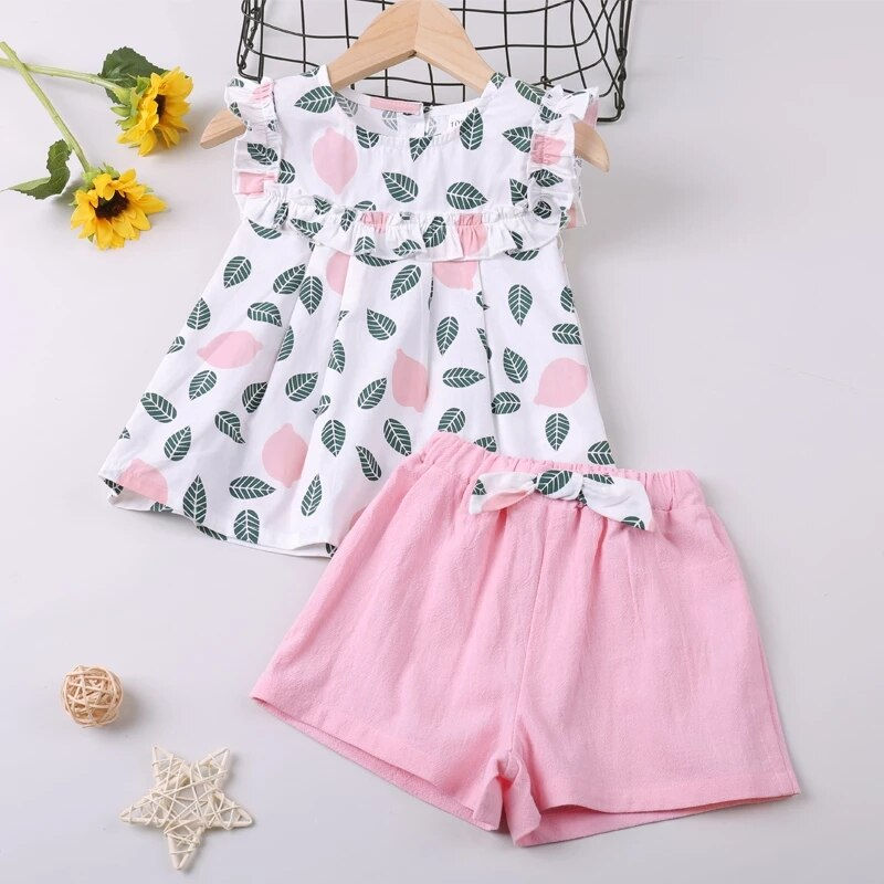Thumbnail: Humor Bear Girl's Clothes Set New Summer Children Bow Lace Sling T-shirt+Stripe