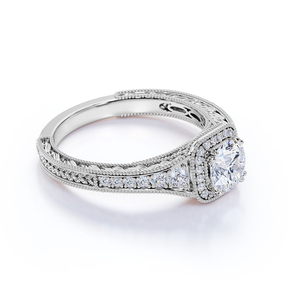 Thumbnail: 1 Carat - Round Brilliant Cut Moissanite - Vintage - Beaded - Engraved - Halo -