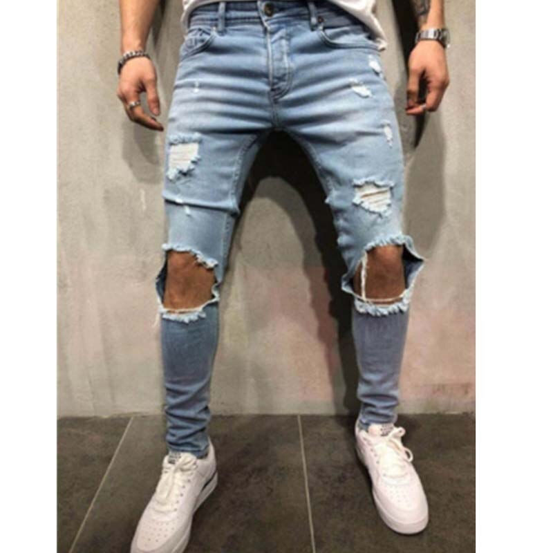 Thumbnail: Men Jeans Streetwear Knee Ripped Skinny Hip Hop Fashion Estroyed Hole Pants Sol