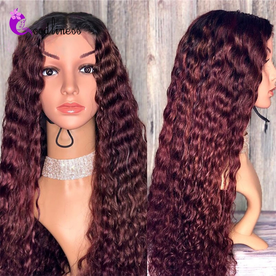 Thumbnail: Lace Frontal Curly Human Hair Wig Ombre 1B 27 Burgundy 99j Water Wave Human Hai
