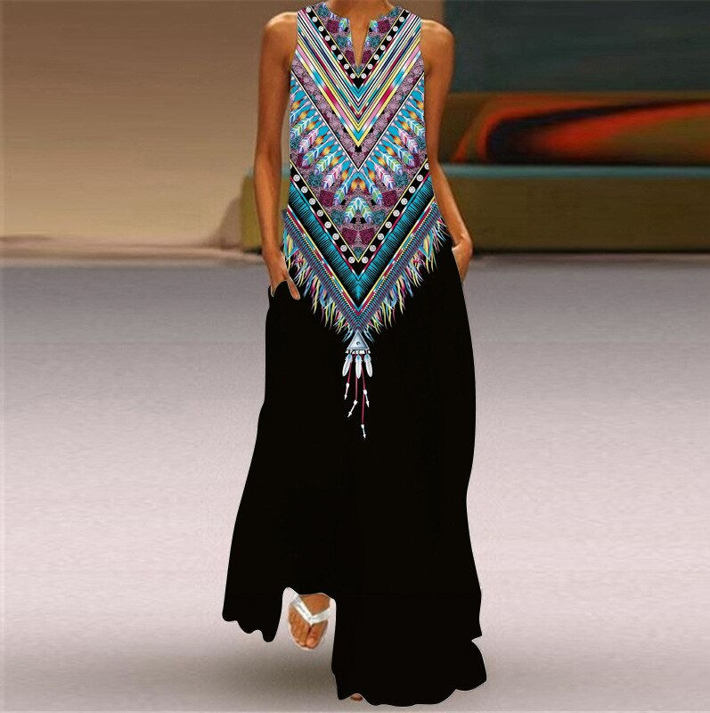 Thumbnail: Summer Women's Fashion Sexy Retro Print V-neck Sleeveless Long Dress with Pocke