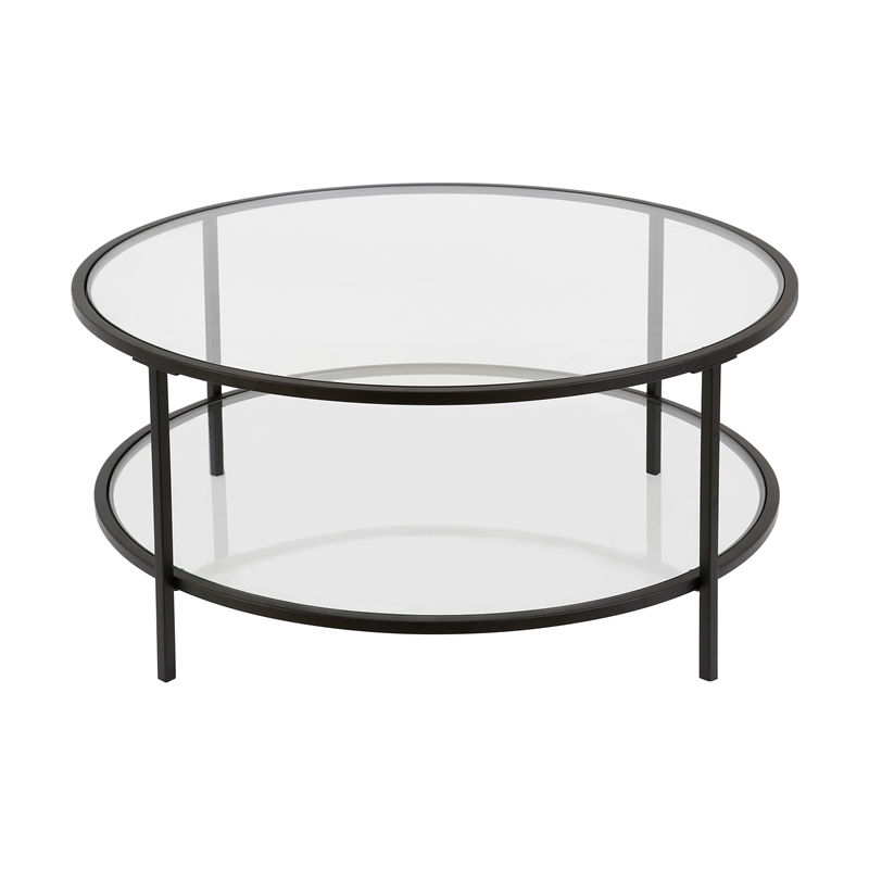 Миниатюра: Pemberly Row Two Shelf Round Metal Base Coffee Table in Black with Glass Top