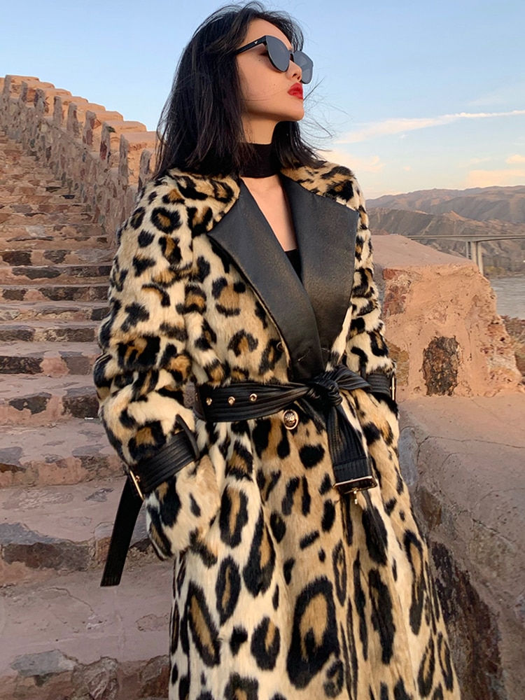 Miniatura: Lautaro Winter Long Leopard Print Warm Fluffy Faux Fur Trench Coat for Women Lo