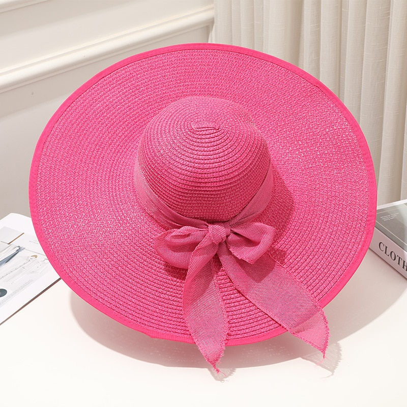 Thumbnail: 15CM Wide Brim Beach Straw Hats For Women Simple Foldable Summer Outing Sun Hat