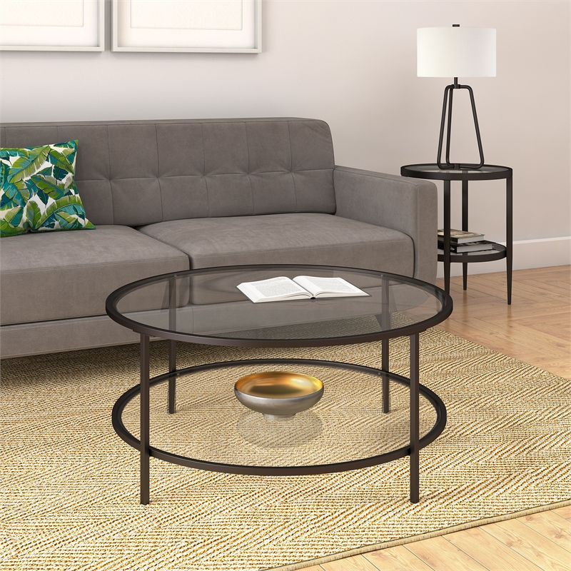 Миниатюра: Pemberly Row Two Shelf Round Metal Base Coffee Table in Black with Glass Top