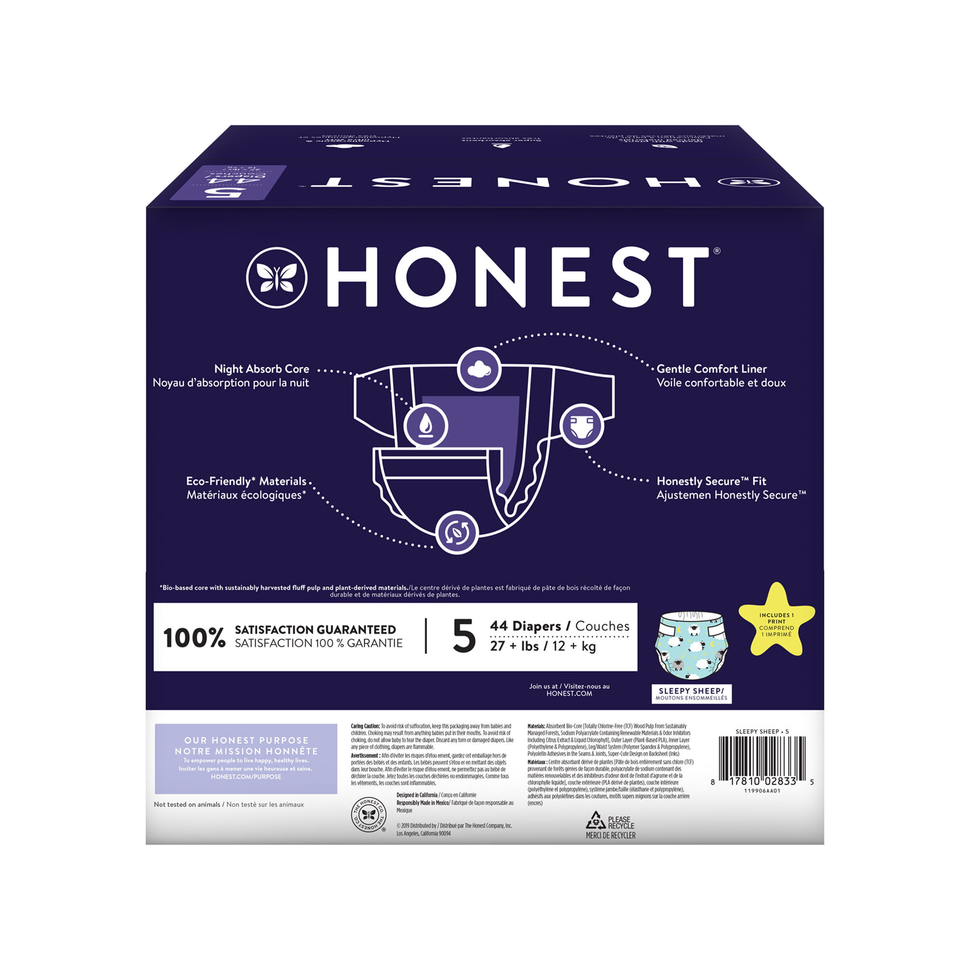 The Honest Company Overnight Baby Diapers, Sleepy Sheep, Size 5, 44 ct
