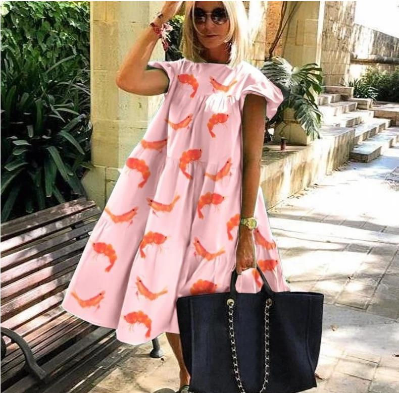 Thumbnail: Women Vintage Floral Print Loose A-Line Dress Summer O-neck Petal Short Sleeve 