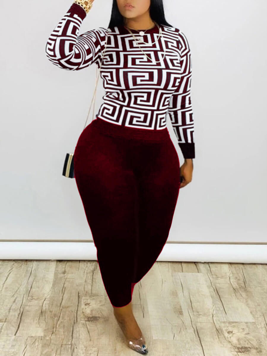 Thumbnail: LW Plus Size Round Neck Geometric Print Pants Set Female Polyester Casual Regul