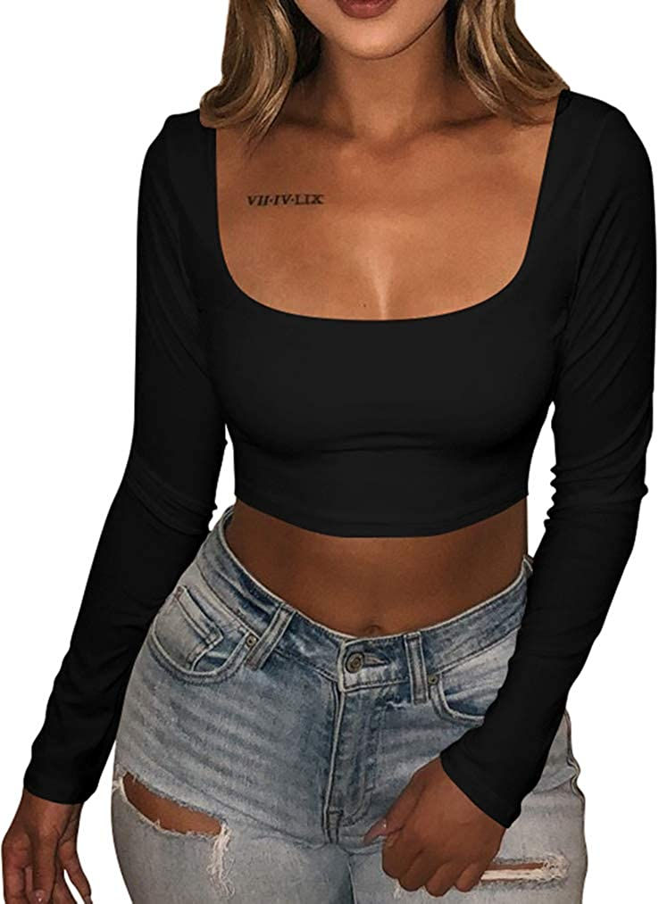 Thumbnail: XXTAXN Women's Sexy Bodycon Fitted Square Neck Long Sleeve Basic T-Shirt Crop T
