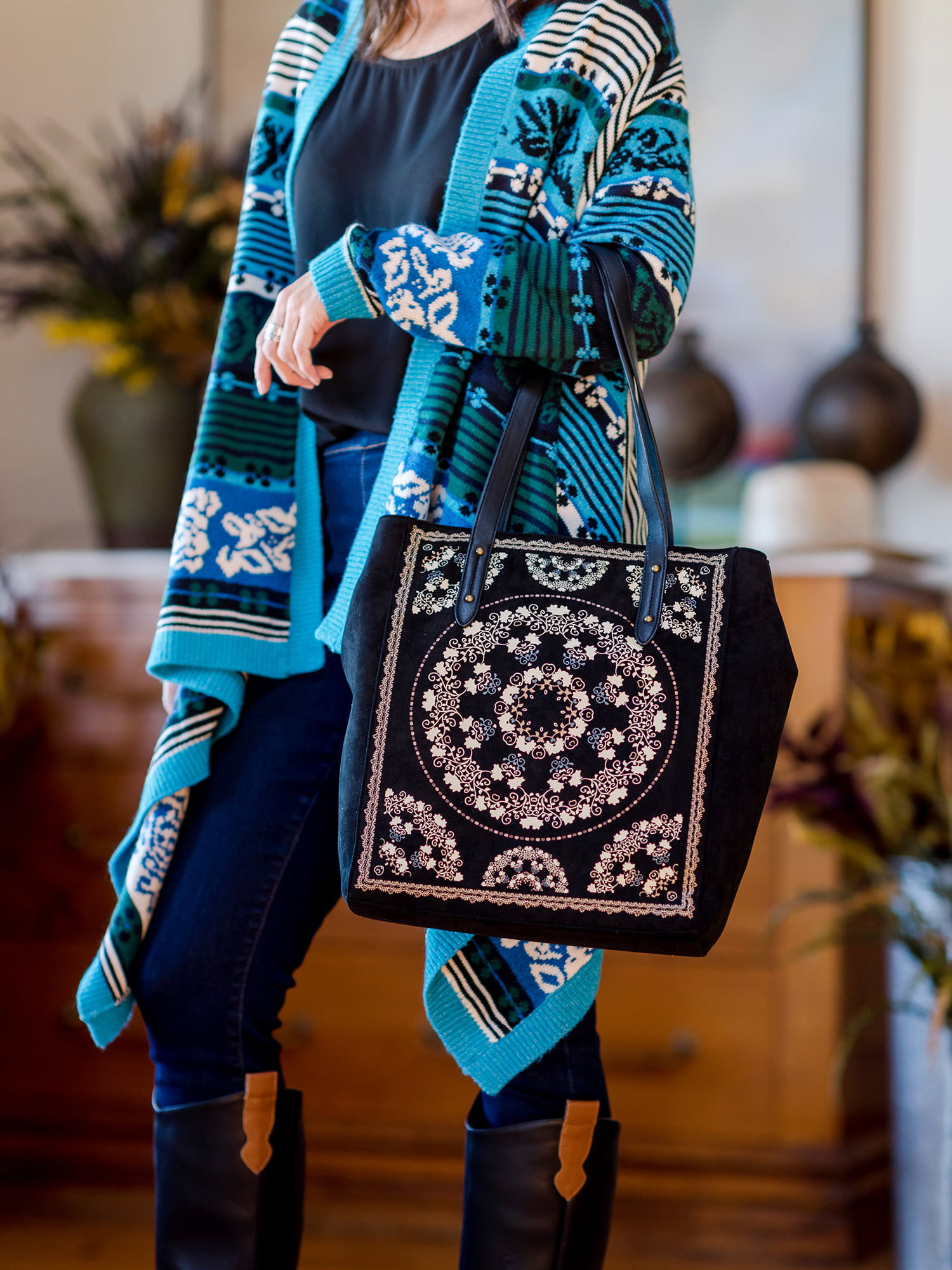 The Pioneer Woman Printed Women's Black Faux Suede Tote Handbag