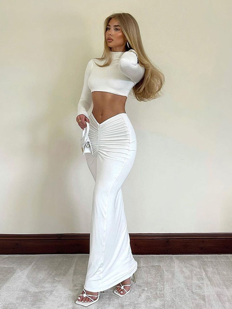 Миниатюра: Cryptographic Elegant White Long Sleeve 2 Piece Set Outfits for Women Club Part