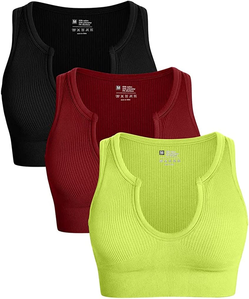 Thumbnail: OQQ Women's 3 Piece Medium Support Crop Top Seamless Ribbed Removable Cups Work