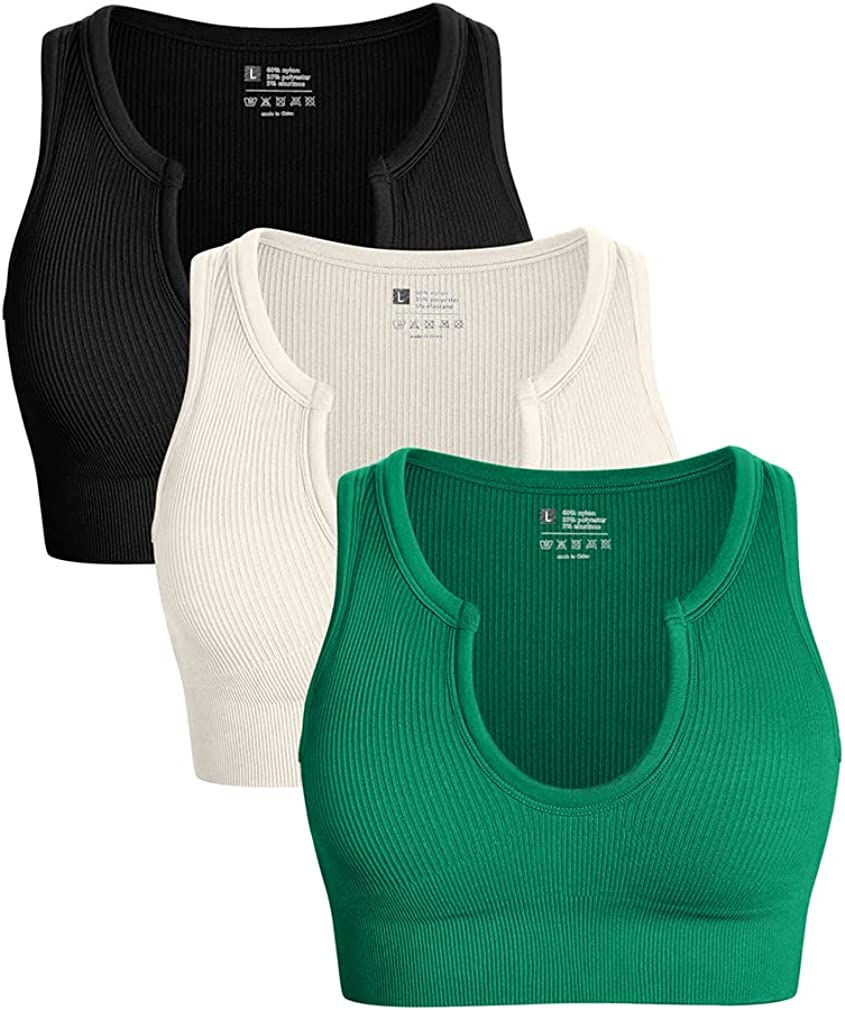 Thumbnail: OQQ Women's 3 Piece Medium Support Crop Top Seamless Ribbed Removable Cups Work