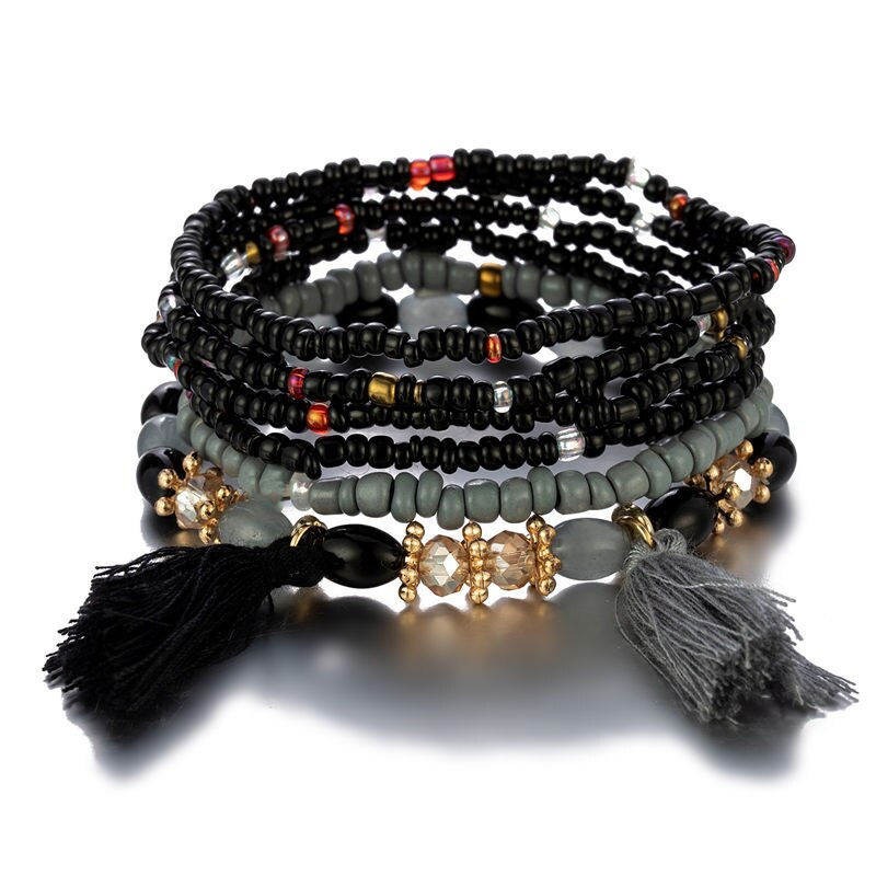 Thumbnail: 6Pcs Bohemian Beaded Bracelet Set For Women Tassels Charm Colourful Seed Beads 