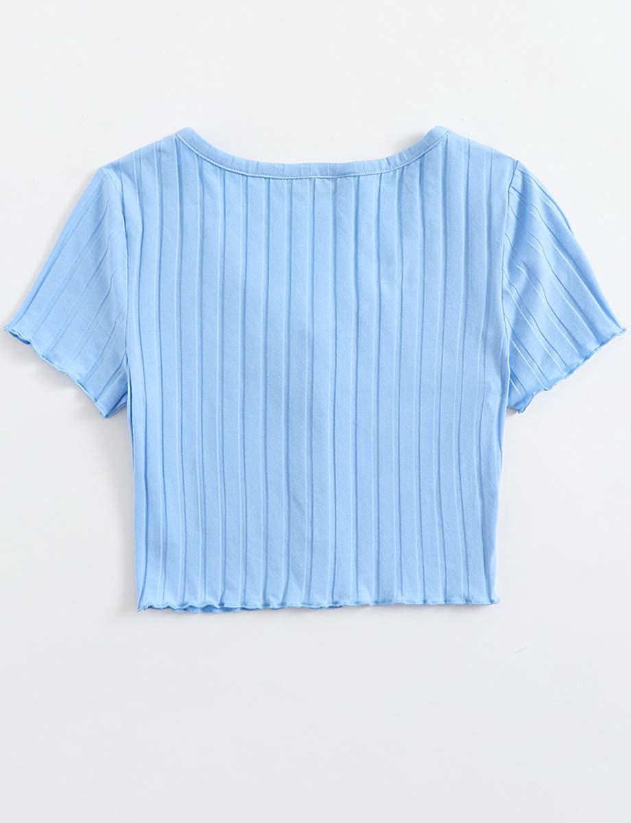 Thumbnail: Romwe Women's Casual Summer Crop Top Short Sleeve V Neck Tee Button Ribbed Blou