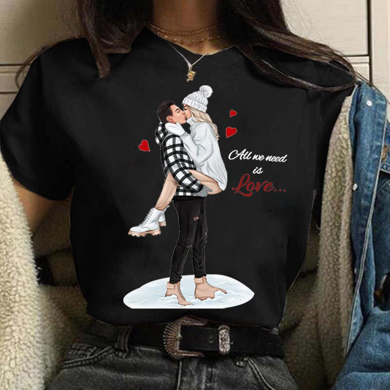 Thumbnail: Couple T-shirt Couple Printing Fashion Top Women's O-neck Casual Top New Couple