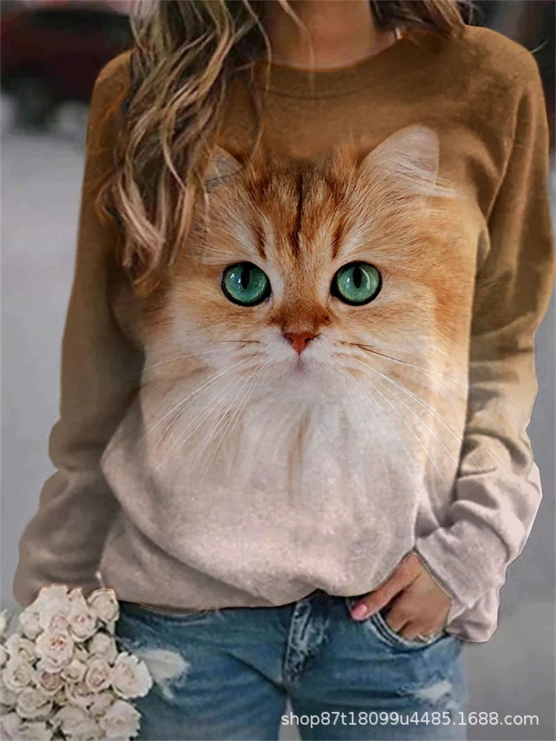 Thumbnail: 2023 Women's Sweater Pullover T-shirt Casual Loose Harajuku Animal Graphic Cat 