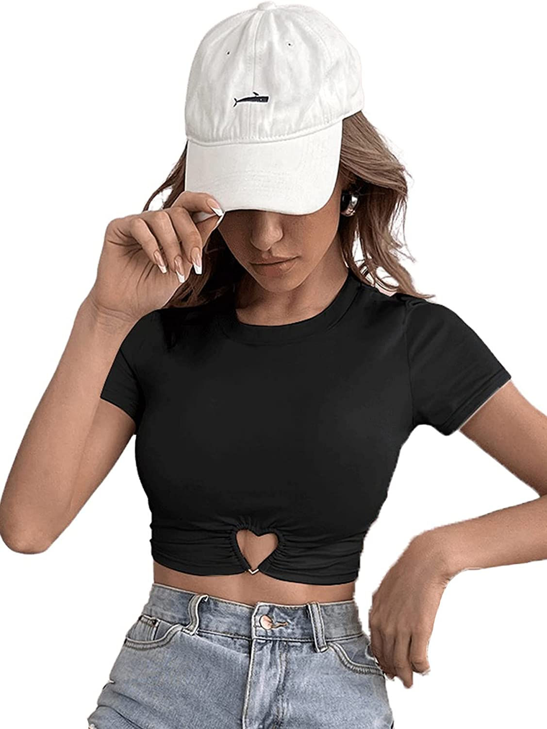 SOLY HUX Women's Summer Crop Top Short Sleeve T Shirt Cut Out Tee