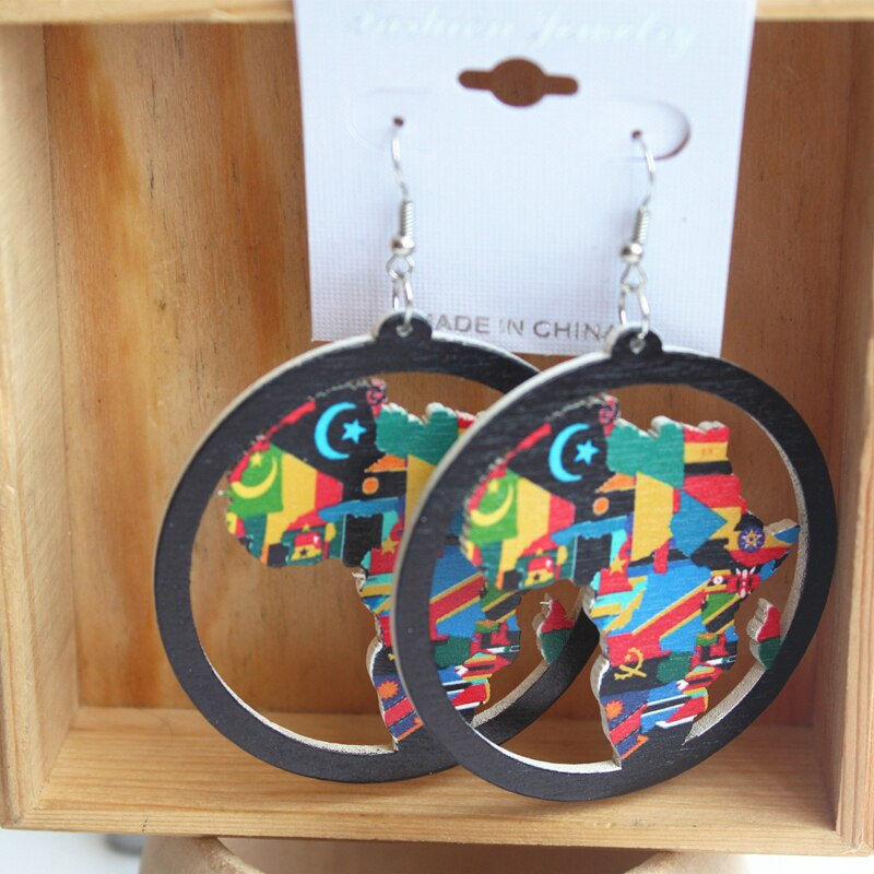 Thumbnail: 6cm Tribal Unfinished Wood Colorful Africa Map Hollow Out Drop Earring Handmade