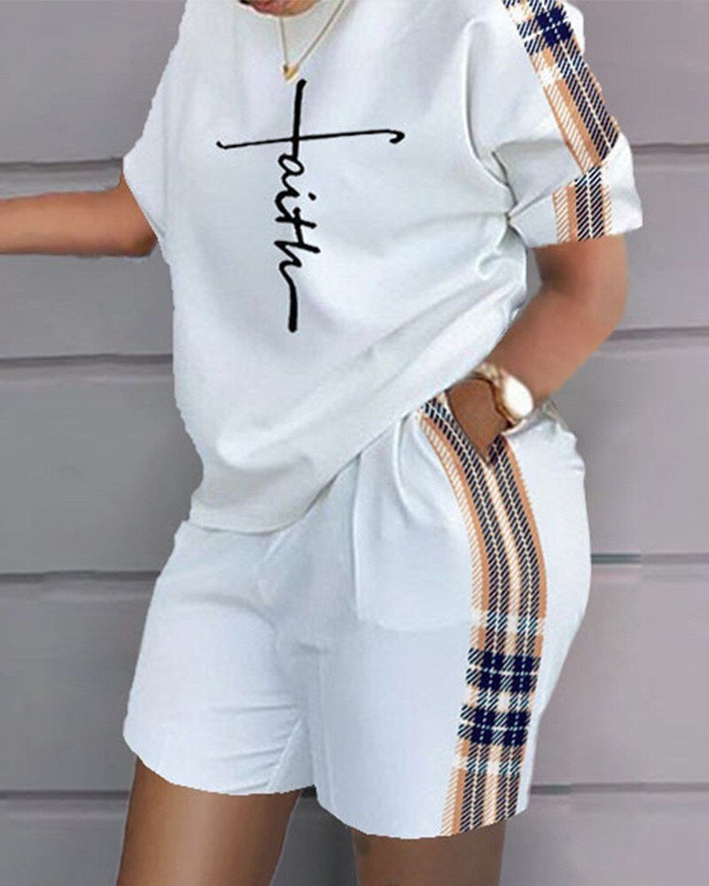 Thumbnail: Summer Women Shorts Suit Sets Short Sleeve Round Neck Plaid Letter Print Split 