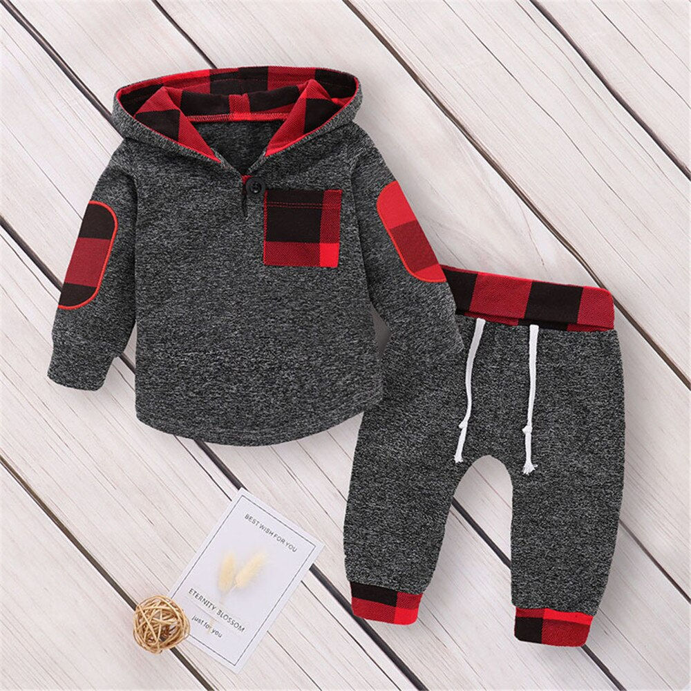 Plaid Baby Boy Clothes Set Hooded Sweatshirt Top +Pants Set Men's Baby Clothes 