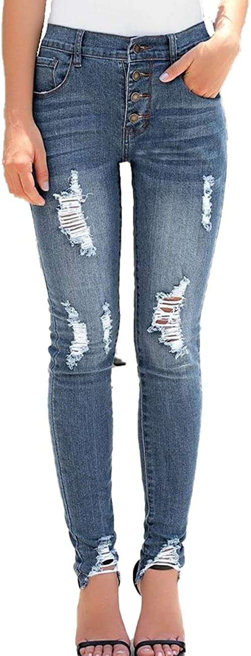 Thumbnail: Sexyshine Women's High Waisted Skinny Destroyed Ripped Hole Denim Pants Long St