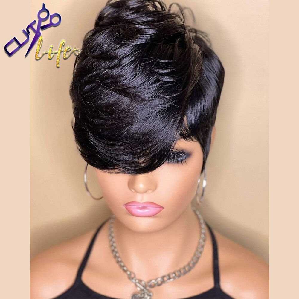 Beauty Short Bob Wavy Wig With Bangs Full Machine Made No Lace Wigs For Women B