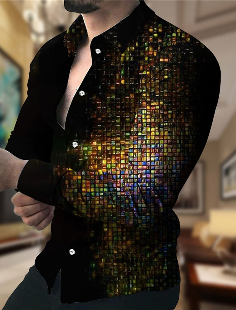 Thumbnail: Luxury Prom Party Luminous High Quality Button Up Top Fashion Lapel Long Sleeve
