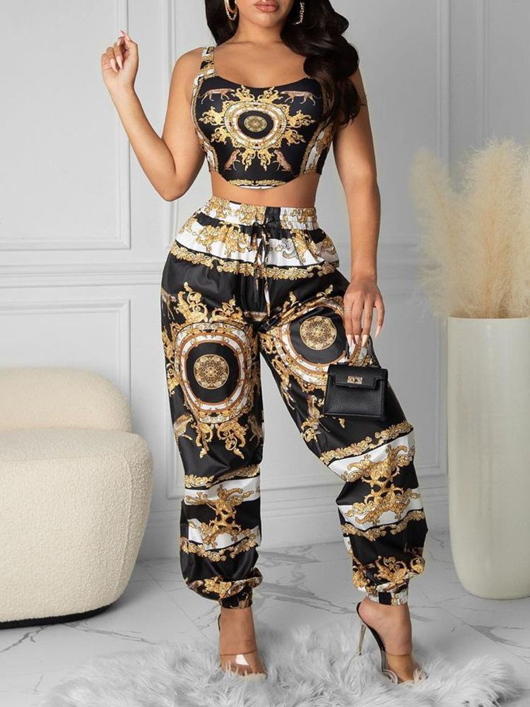 Thumbnail: Fashion Summer Women Black Clubwear Two Piece Suit Sets Sleeveless Scarf Print 