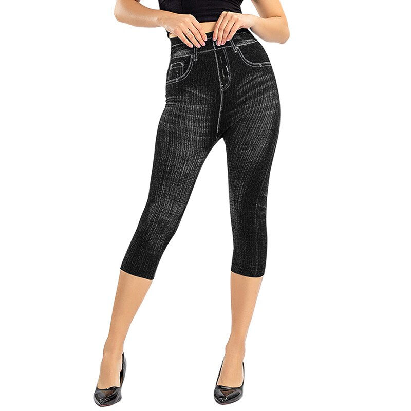 Thumbnail: Women Denim Print Leggings Fashion Slim Leggings Faux Jeans Leggings Stretch Pr