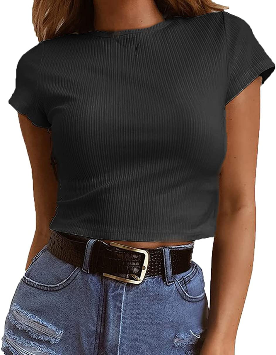 Thumbnail: Artfish Women's Short Sleeve Knit Ribbed Crop Top Teen Basic Tee Shirts