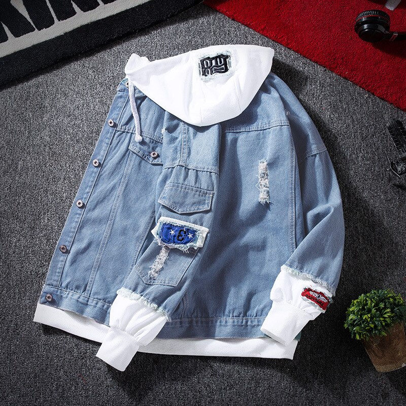 الصورة المصغرة: Spring 2020  Red Pink Black Jeans Jacket Men Slim Streetwear Ripped Denim Jacke