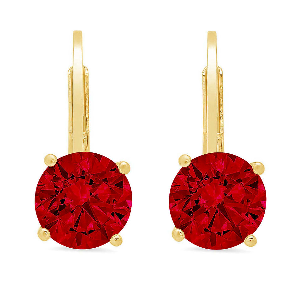 Thumbnail: 4 ct round cut drop dangle red natural garnet 14k yellow gold earrings lever ba