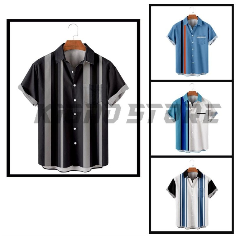 Thumbnail: Casual Button Down Shirts For Men Panels Stripe Print Shirt Color Block Turndow