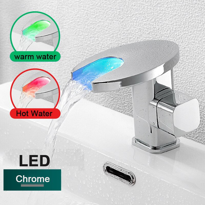 Thumbnail: LED Gold Bathroom Sink Faucet Waterfall Spout Three Colors Change With Temperat