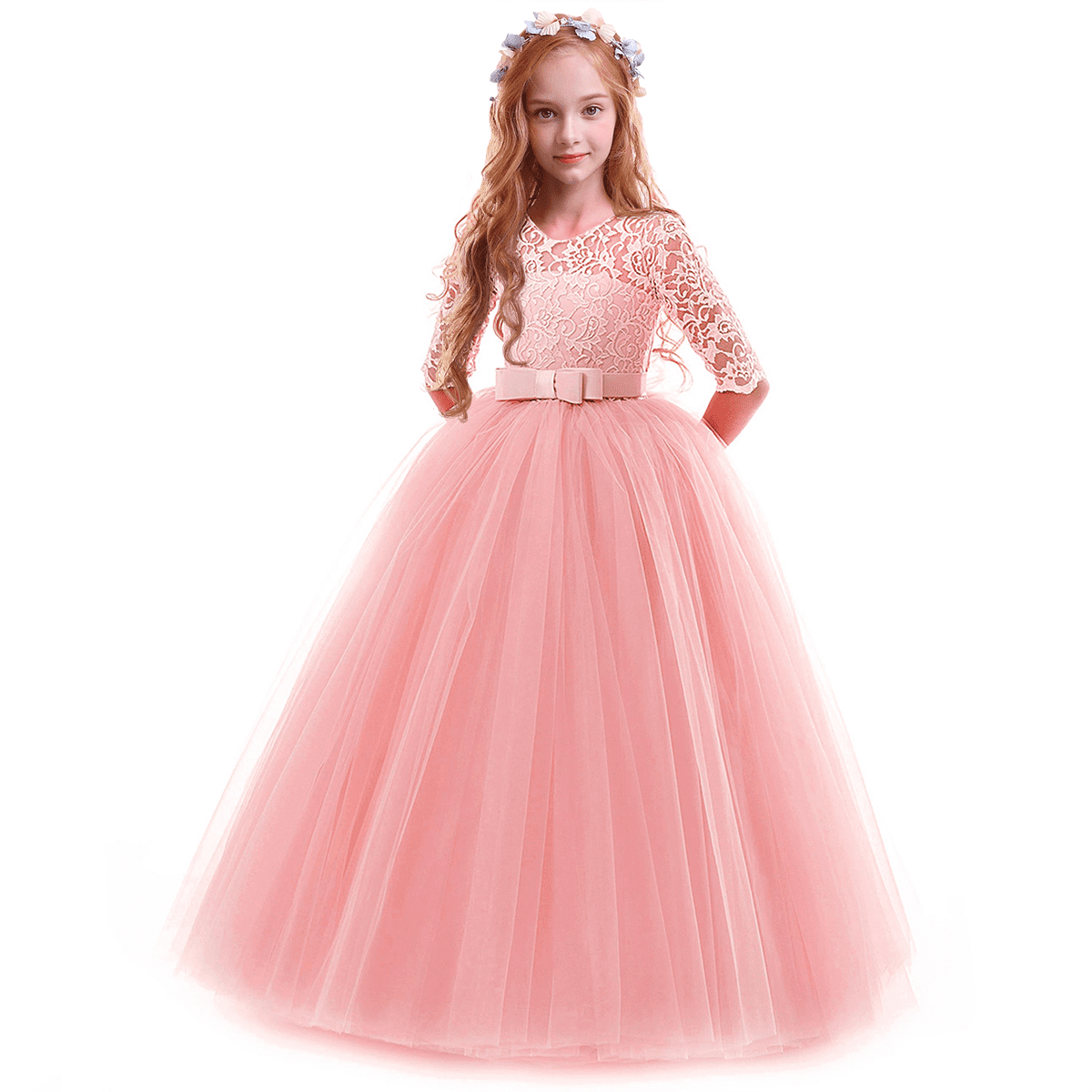IBTOM CASTLE Girls Flower Vintage Floral Lace 3/4 Sleeves Floor Length Dress We