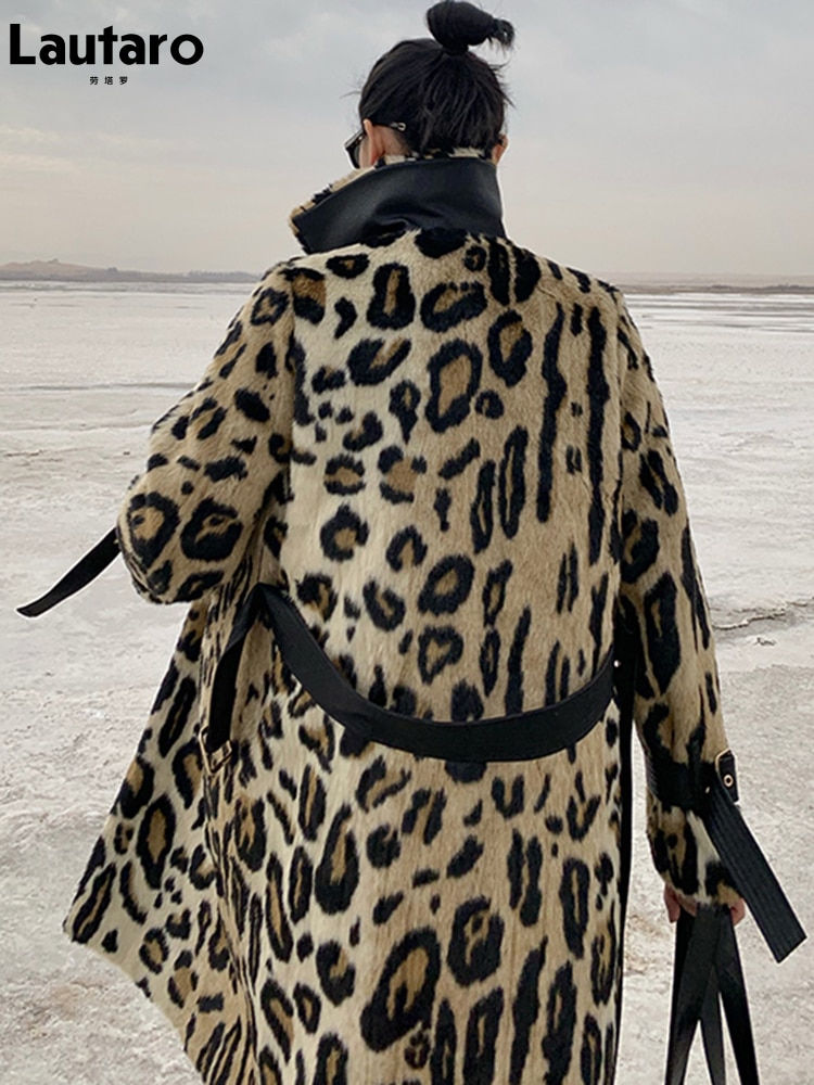 Miniatura: Lautaro Winter Long Leopard Print Warm Fluffy Faux Fur Trench Coat for Women Lo