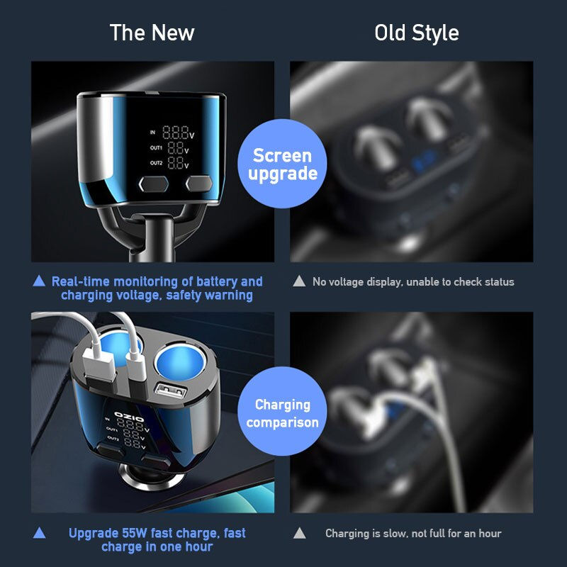 Miniature : BUVAYE 66W Car Fast Charger Cigarette Lighter Socket Dual USB PD Adapter Splitt
